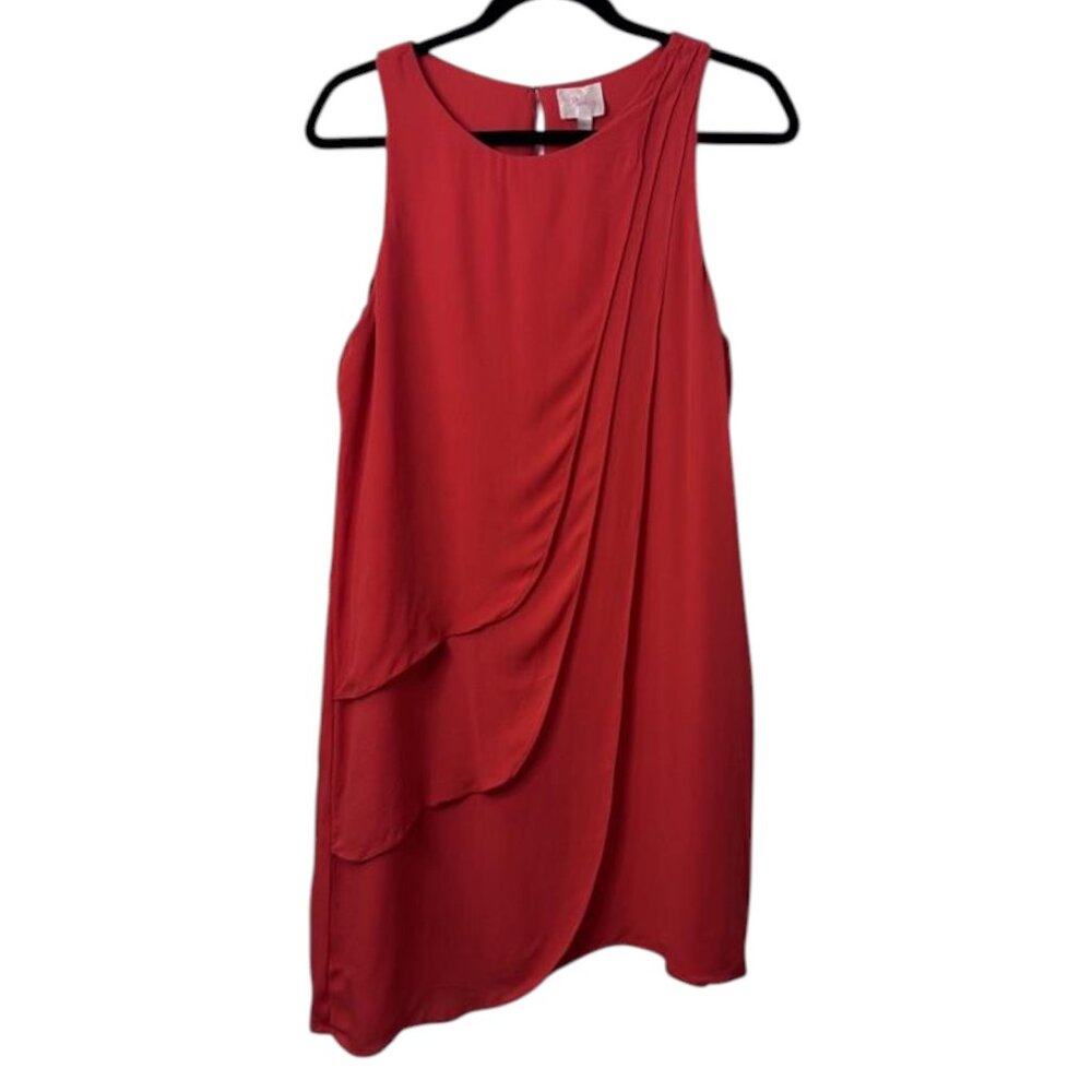 Parker red silk drape front sleeveless midi sheath dress size L